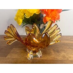 Vintage Amber Art Glass Bowl Murano Style Hand Blown Ruffled Vase Mid Century